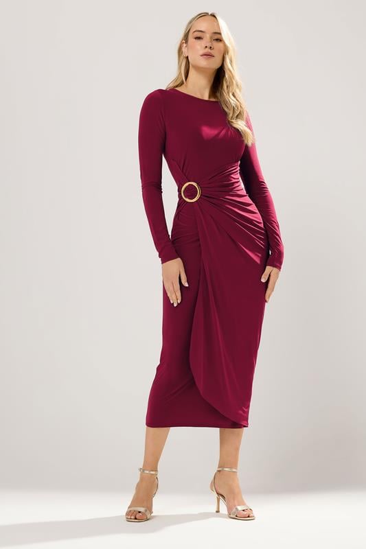  LTS Tall Wine Red Jersey Drape Long Sleeve Buckle Dress
