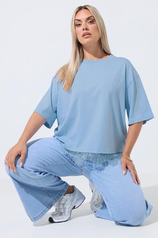 LIMITED COLLECTION Plus Size Light Blue Lace Hem T-Shirt | Yours Clothing 1