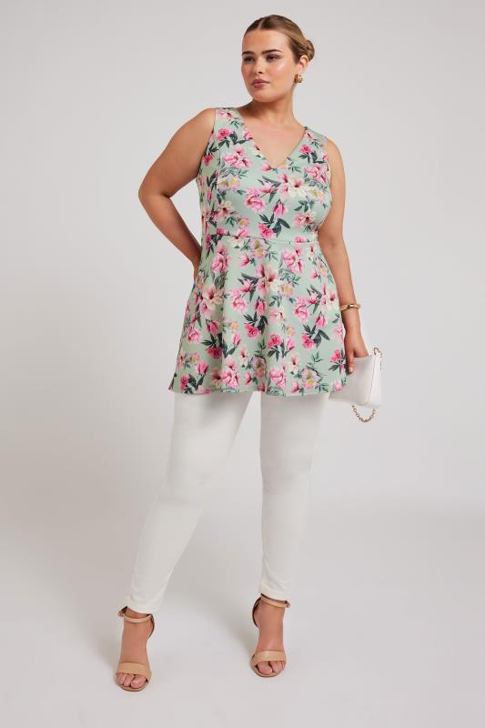 YOURS LONDON Plus Size Green Floral Print Peplum Top | Yours Clothing 2
