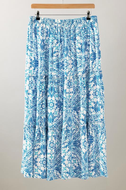 EVANS Plus Size Blue Tile Print Tiered Maxi Skirt | Evans 6