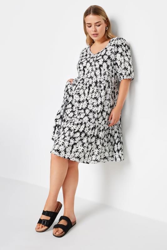 YOURS Plus Size Black & White Floral Print Tiered Dress | Yours Clothing 2