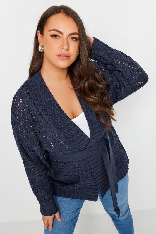 YOURS Plus Size Navy Blue Pointelle Belted Cardigan | Yours Clothing 1