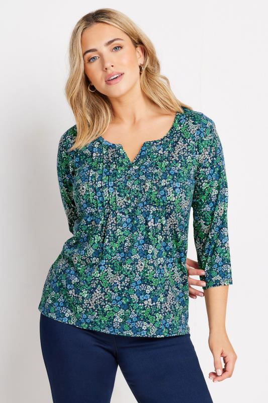 Women's  M&Co Dark Green Floral Print Cotton Henley Top