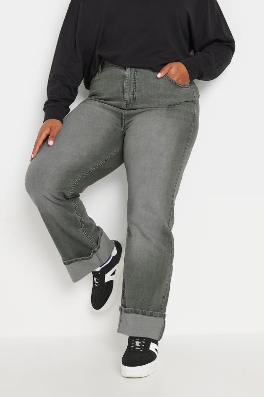 YOURS Plus Size Grey Wide Leg Turn Up Jeans | Yours Clothing  1