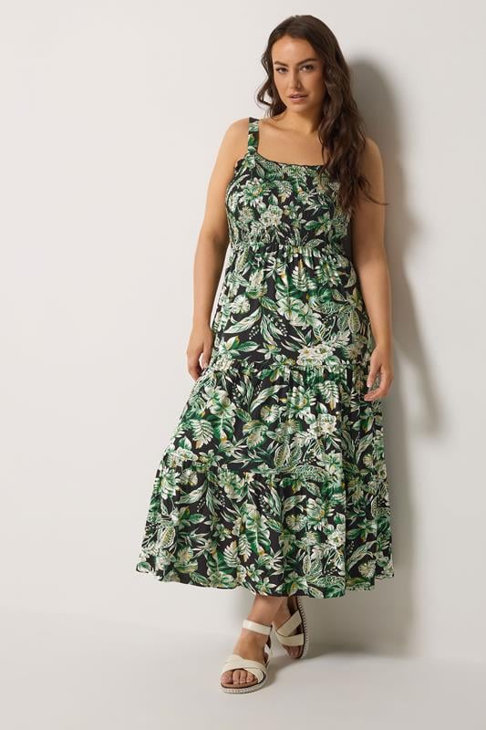  YOURS Curve Green Floral Shirred Midi Dress
