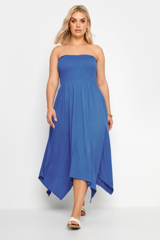 YOURS Plus Size Cobalt Blue Shirred Bandeau Midi Dress | Yours Clothing 2