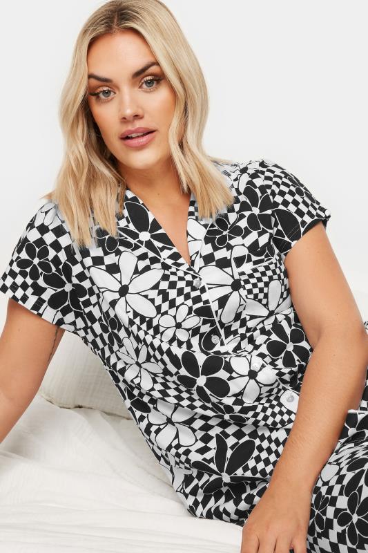 YOURS Plus Size Black Retro Floral Print Button Through Pyjama Set | Yours Clothing 4