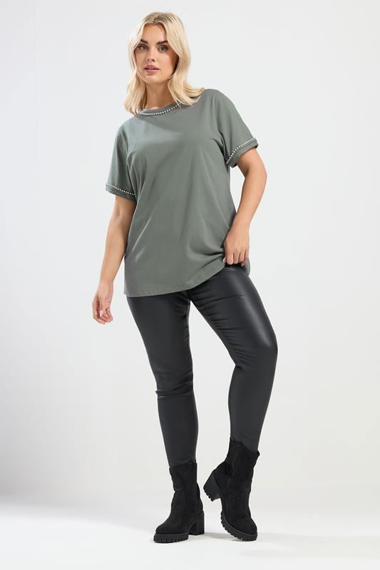 YOURS Plus Size Sage Green Pearl Trim T-Shirt | Yours Clothing 1