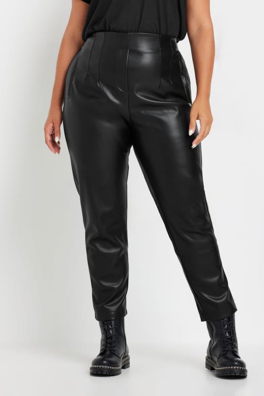 YOURS Plus Size Black Coated Darted Waist Tapered Trousers | Yours Clothing 1