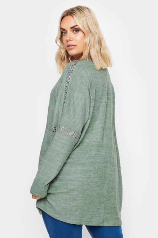 YOURS Curve Sage Green Marl Stud Neckline Embellished Jumper | Yours Clothing  3