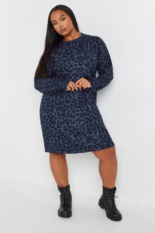 YOURS Plus Size Blue Leopard Print Soft Touch Jumper Dress | Yours Clothing 1