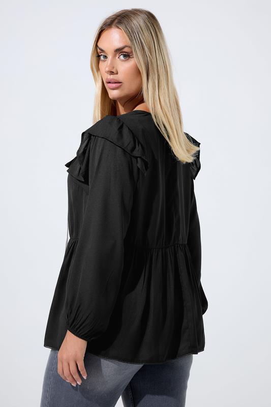 LIMITED COLLECTION Plus Size Black Tie Neck Frill Blouse | Yours Clothing 3