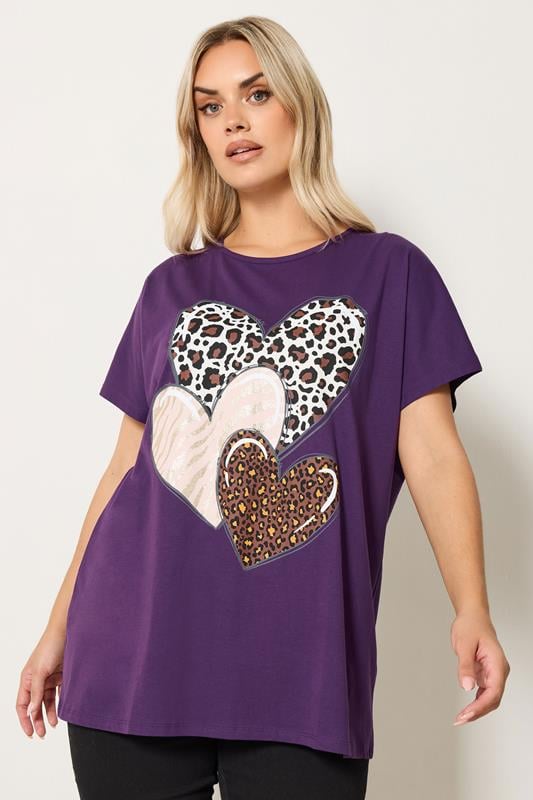  YOURS Curve Purple Animal Heart Glitter T-Shirt