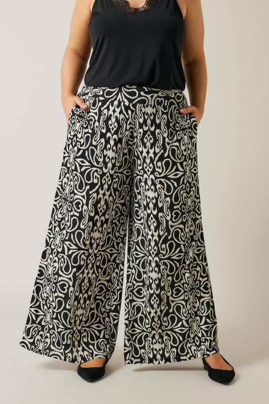 Plus Size  EVANS Curve Black & White Abstract Print Wide Leg Trousers