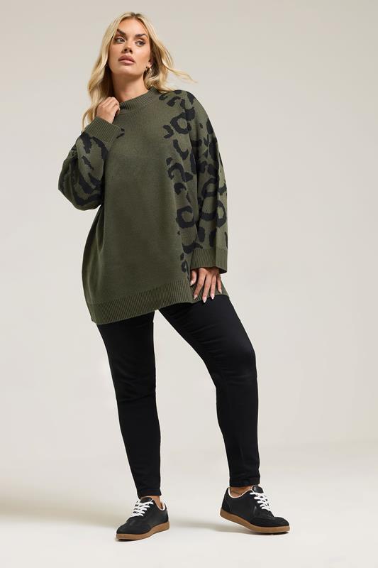YOURS Plus Size Khaki Green Leopard High Neck Jumper | Yours Clothing 1
