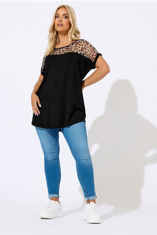 YOURS Plus Size Black Leopard Mesh Panel Top | Yours Clothing 2