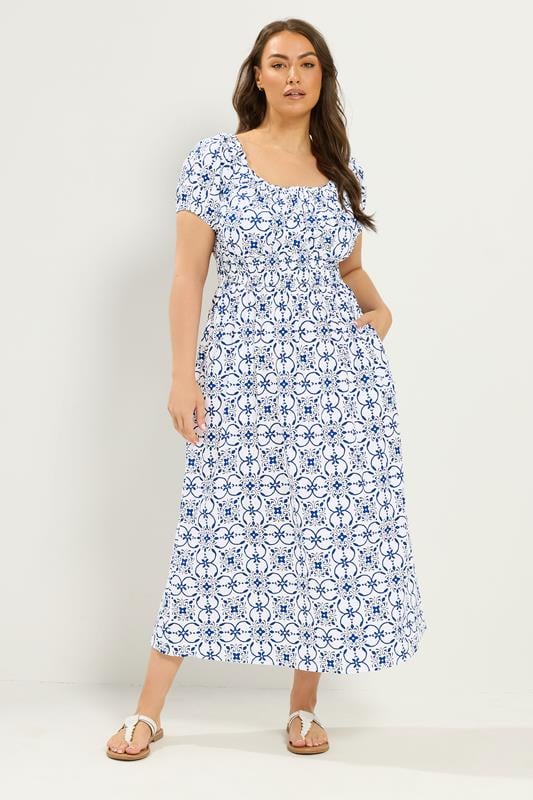 YOURS Curve White Floral Poplin Bardot Dress