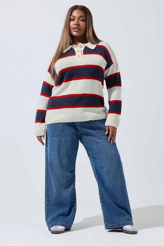 LIMITED COLLECTION Plus Size White Stripe Rugby Collar Knitted Jumper | Yours Clothing 1