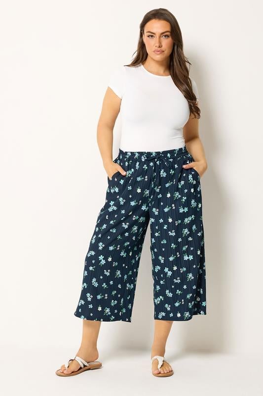  YOURS Curve Navy Blue Floral Crop Trousers