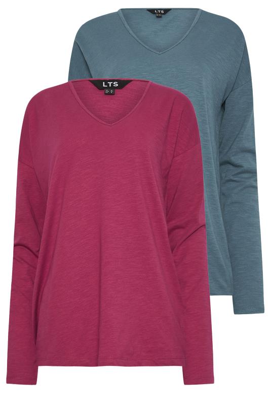 LTS Tall Women's 2 Pack Pink & Blue V-Neck Long Sleeve T-Shirts | Long Tall Sally 6