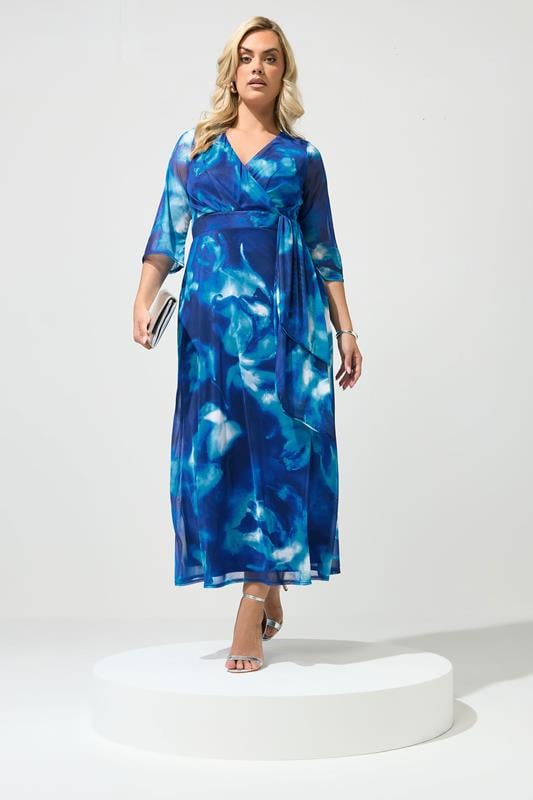 YOURS LONDON Plus Size Blue Abstract Mesh Wrap Dress | Yours Clothing 1