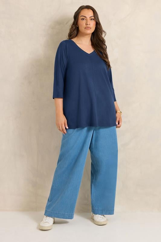 EVANS Plus Size Navy Blue V-Neck Cotton Top | Evans 1