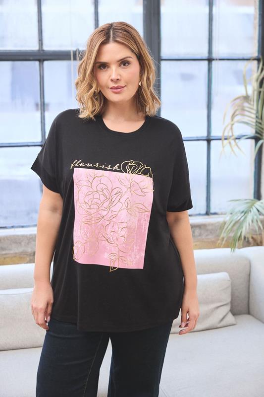 Plus Size  EVANS Curve Black Floral Foil Detail Modal Rich T-Shirt