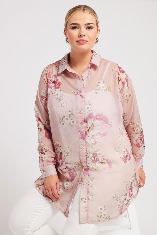 YOURS LONDON Plus Size Pink Floral Boyfriend Shirt | Yours Clothing 1