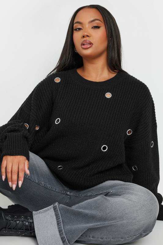 YOURS Plus Size Black Eyelet Knit Jumper | Yours Clothing 2