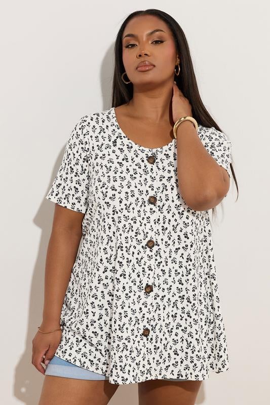 YOURS Plus Size White Ditsy Floral Ribbed Swing T-Shirt | Yours Clothing 2