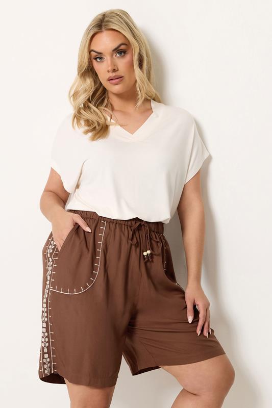 YOURS Curve Brown Embroidered Shorts