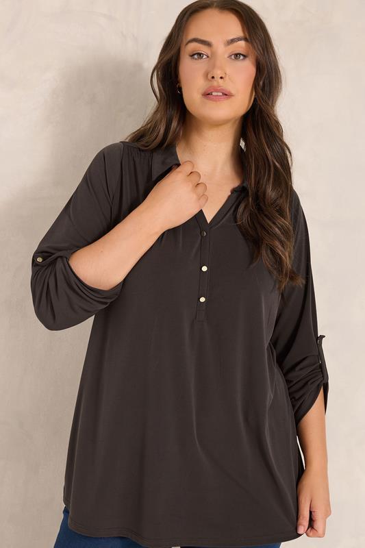  EVANS Curve Chocolate Brown Long Sleeve Blouse