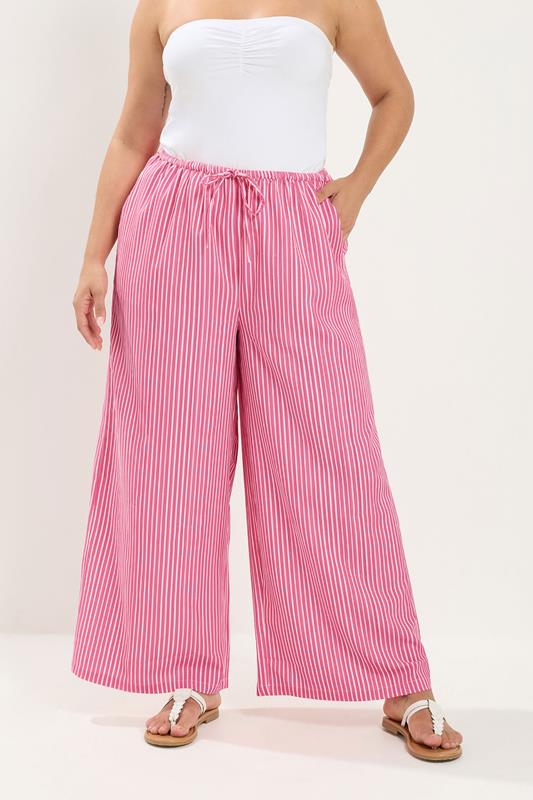 YOURS Plus Size Pink Striped Wide Leg Trousers | Yours Clothing 1