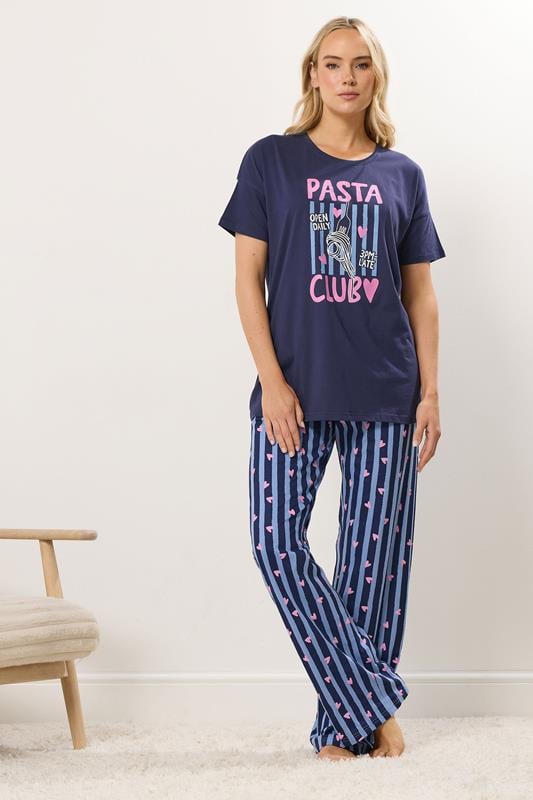 LTS Tall Navy Blue 'Pasta Club' Cotton Wide Leg Pyjama Set