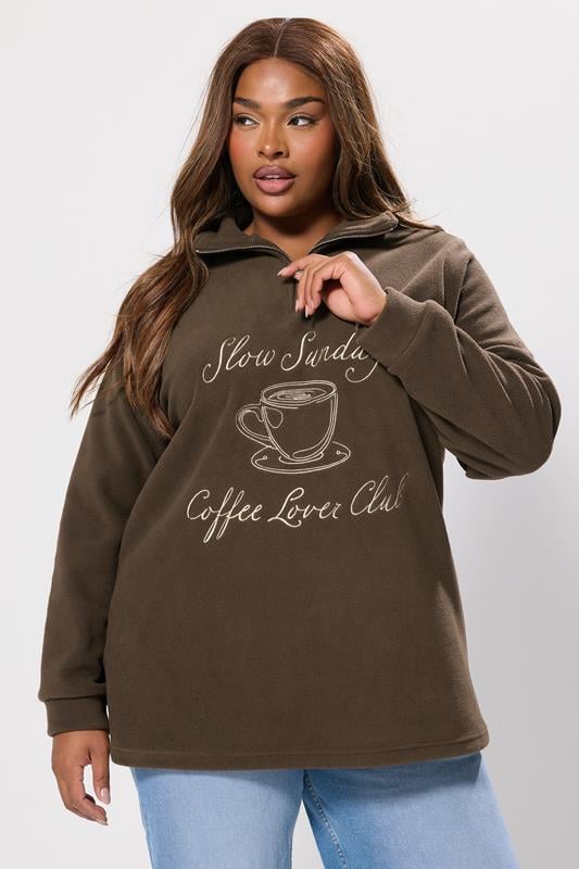 YOURS Curve Chocolate Brown 'Coffee Lover Club' Quarter Zip Fleece