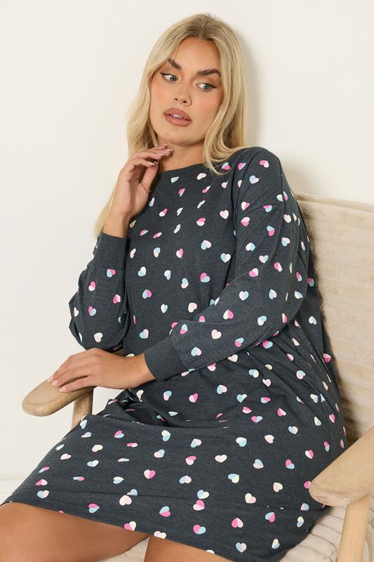 YOURS Plus Size Grey Heart Long Sleeve Nightdress | Yours Clothing 1