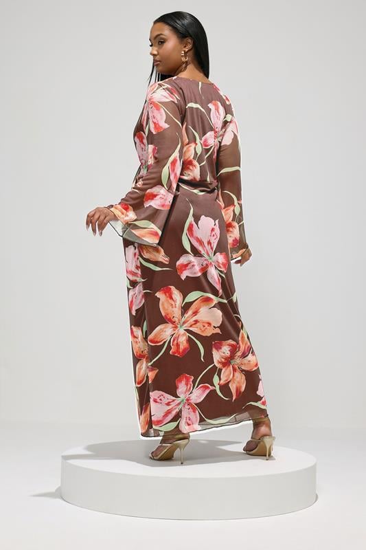 YOURS LONDON Plus Size Brown Floral Mesh Maxi Dress | Yours Clothing 4