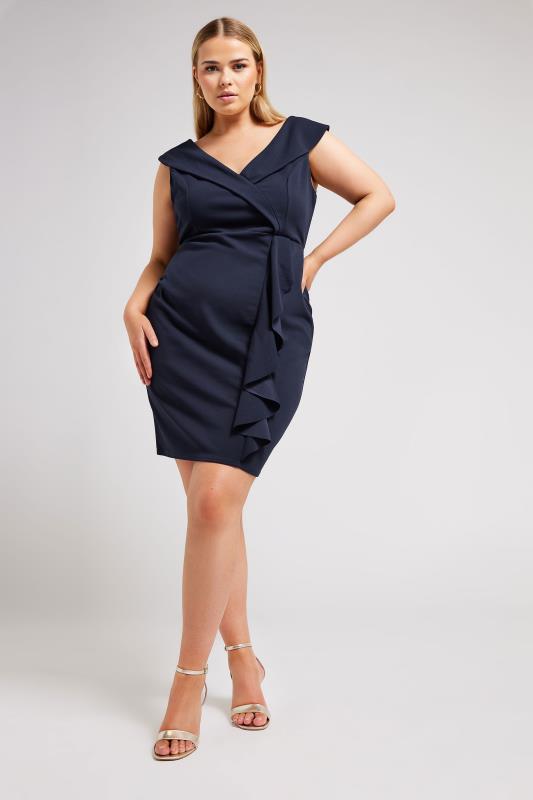 YOURS LONDON Plus Size Navy Blue Tuxedo Style Ruffle Dress | Yours Clothing 3