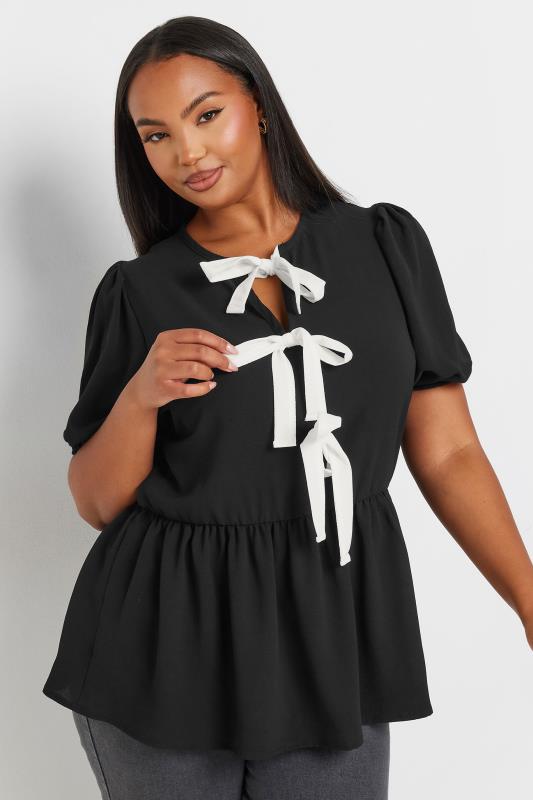 LIMITED COLLECTION Plus Size Black Bow Tie Front Top | Yours Clothing 1