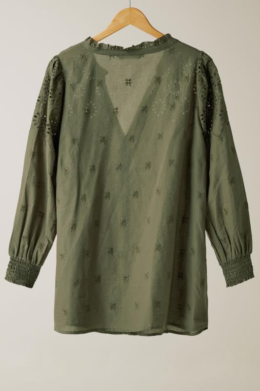 EVANS Plus Size Khaki Green Broderie Cotton Blouse | Evans 6