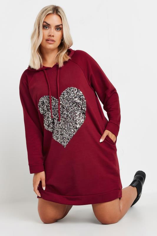 YOURS Plus Size Red Sequin Embellished Heart Hoodie Dress | Yours Clothing  1