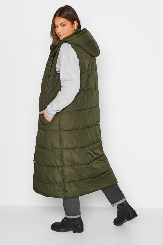 LTS Tall Women's Khaki Green Hooded Midaxi Puffer Gilet | Long Tall Sally 3