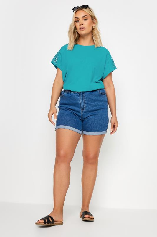 YOURS Plus Size Blue Crochet Detail Linen T-Shirt | Yours Clothing 2