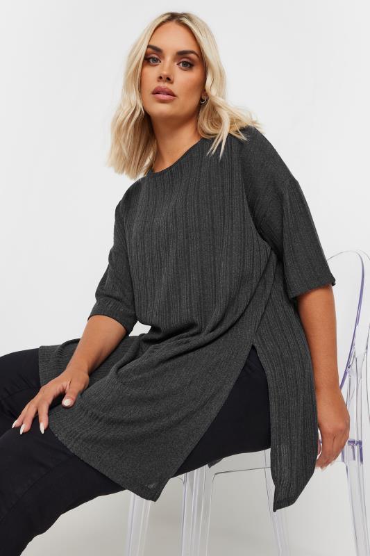 YOURS Plus Size Dark Grey Side Split Ribbed T-Shirt | Yours Clothing 4