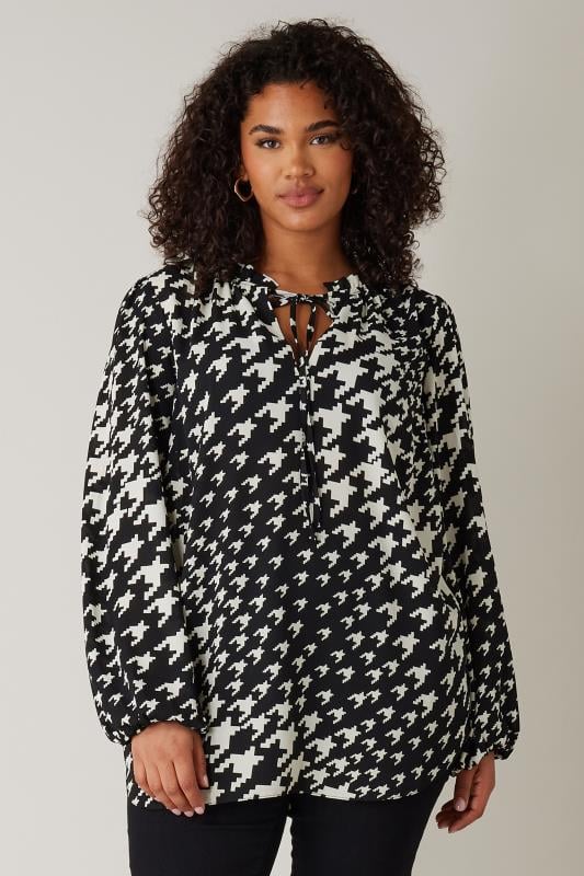 EVANS Plus Size Black Dogtooth Print Tie Neck Blouse | Evans 1