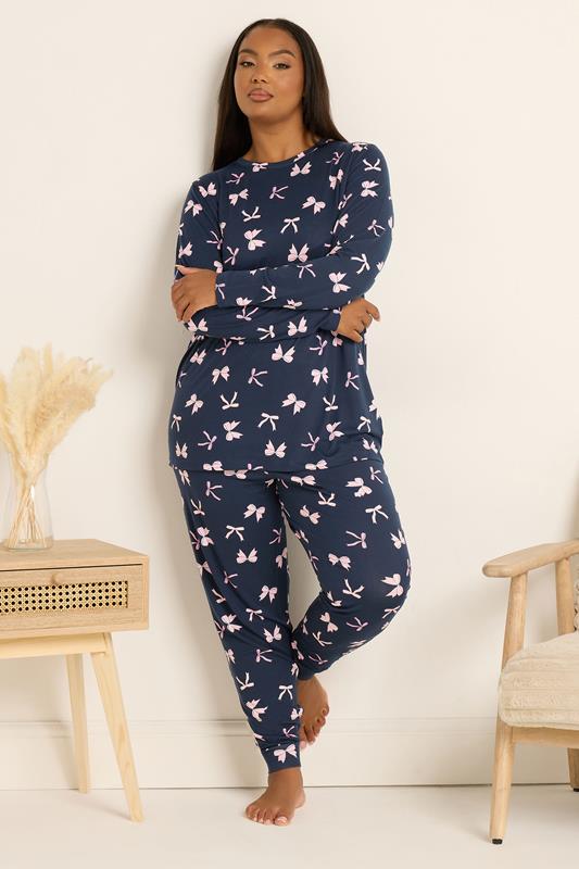 YOURS Plus Size Set Navy Blue Bow Soft Touch Pyjama & Eye Mask | Yours Clothing 2
