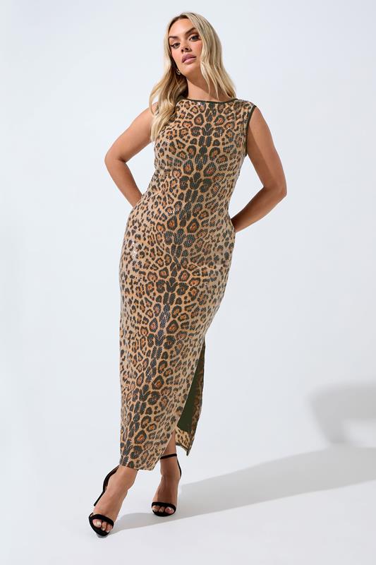 LIMITED COLLECTION Plus Size Brown Leopard Print Sequin Maxi Dress | Yours Clothing 1