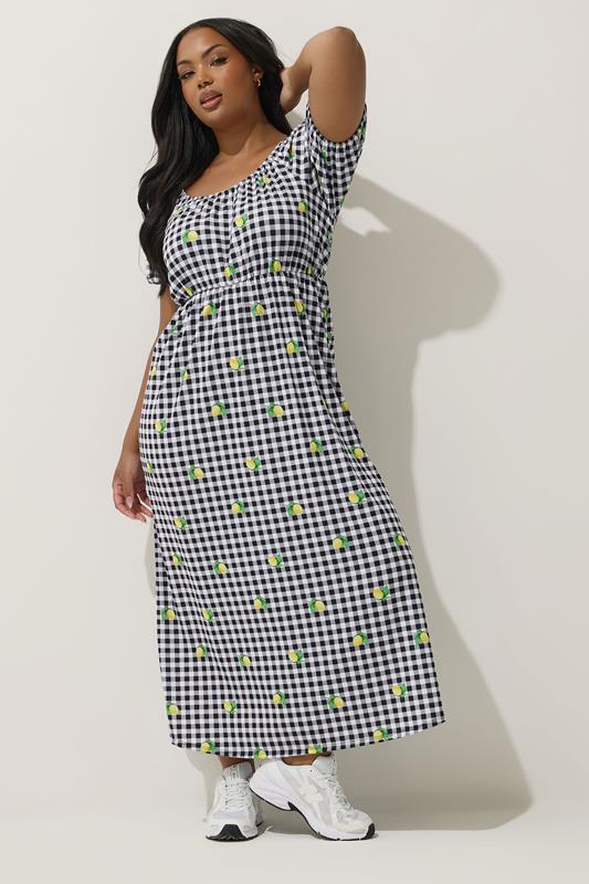 LIMITED COLLECTION Plus Size Black Lemon Gingham Print Bardot Dress | Yours Clothing 2