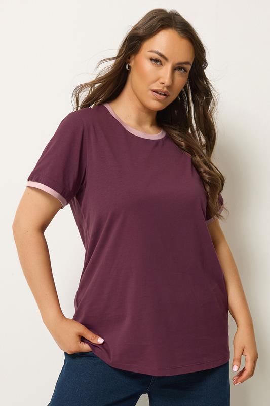 YOURS Plus Size Purple Contrast Trim T-Shirt | Yours Clothing 1