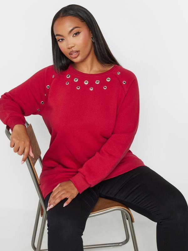 YOURS Curve Red Eyelet Detail Sweatshirt | Yours Clothing 1